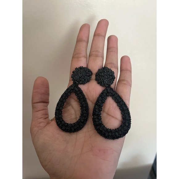 Big Black Earring teardrop metal statement bold chunky Pierced Pageant textured - Picture 2 of 8